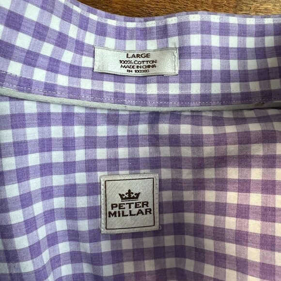 Peter Millar‎ Shirt Mens Large Purple White 100% Cotton Check Button Down Pocket - Picture 8 of 10